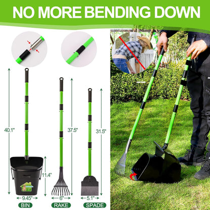LANNEY Pooper Scooper - 38" Long Adjustable Metal Handle Dog Pooper Scooper Swivel Bin & Rake & Spade with 50 Bags Attachment, Portable Heavy Duty Dog Poop Scooper for Yard Dogs Large Medium Small