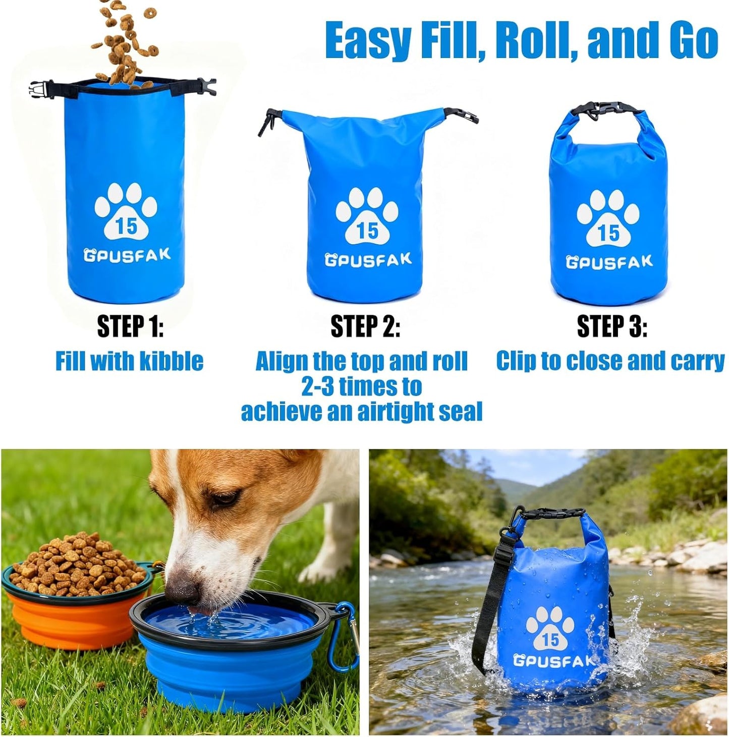 Zip Roll Top Pet Food Storage Bag with Travel Bowl(96 Cup) - Dog Food Travel Bag Waterproof Kibble Container for Camping Road Trips Dog Boarding Weekend Getaways Machine Washable 15L Blue