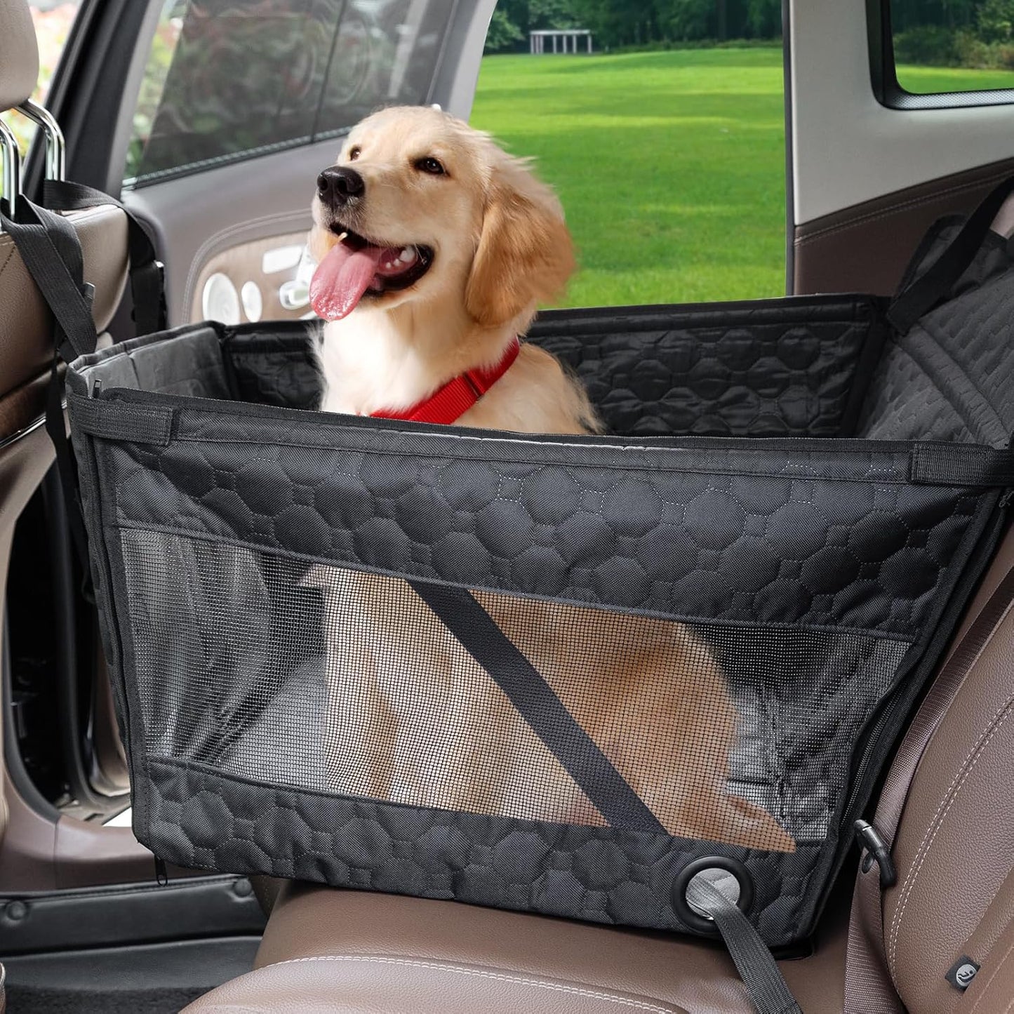 Dog Car Seat for Large Dogs,Waterproof Fabric with Breathable Mesh&Adjustable Dog Seat Belt for Car,Dog Bed for Back Seat Up to 40 LB-Medium