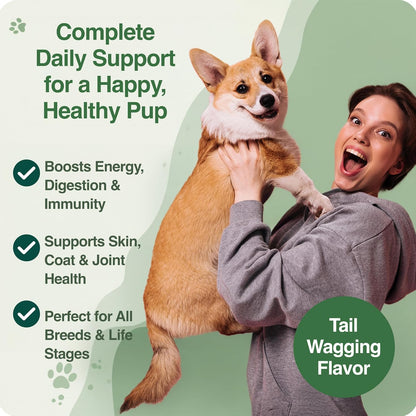 BAZI Multi Dog Chews – Comprehensive Health Supplement with Glucosamine, Probiotics, Salmon Oil, Ashwagandha & Mushrooms – Daily Well-Being, Skin & Coat, Digestion, and Vitality Support for All Dogs