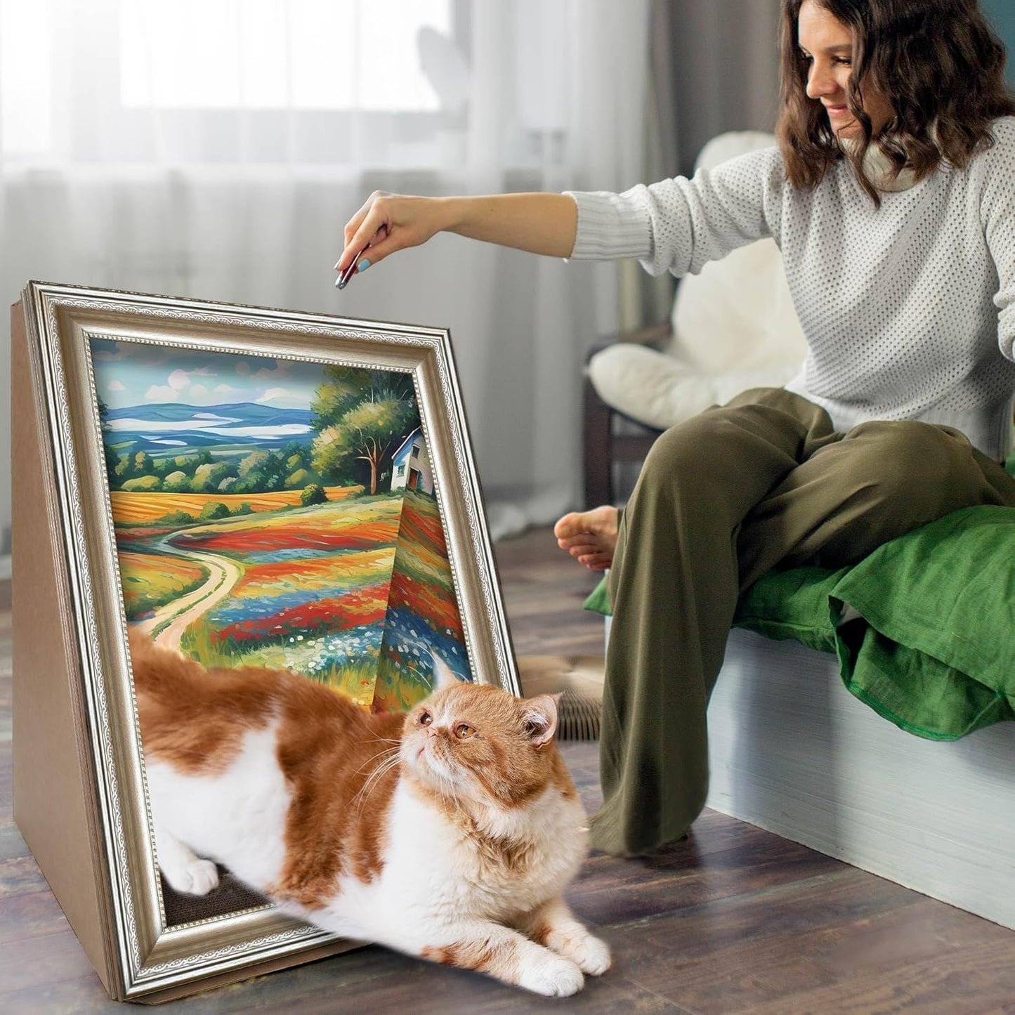 Cat Scratcher, Scratch Pad with Oil Painting, Furniture Saver Scratching Board, Cardboard Cat Scratcher House with Frame, Large Scratching Pad & Scratcher Bed, Cat Cardboard Scratcher for Indoor Cats