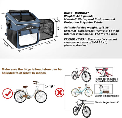 Dog Bike Basket Carrier, Expandable Foldable Soft-Sided Dog Carrier, 2 Open Doors, 5 Reflective Tapes, Pet Travel Bag,Dog Backpack Carrier Safe and Easy for Small Medium Cats and Dogs(Blue)