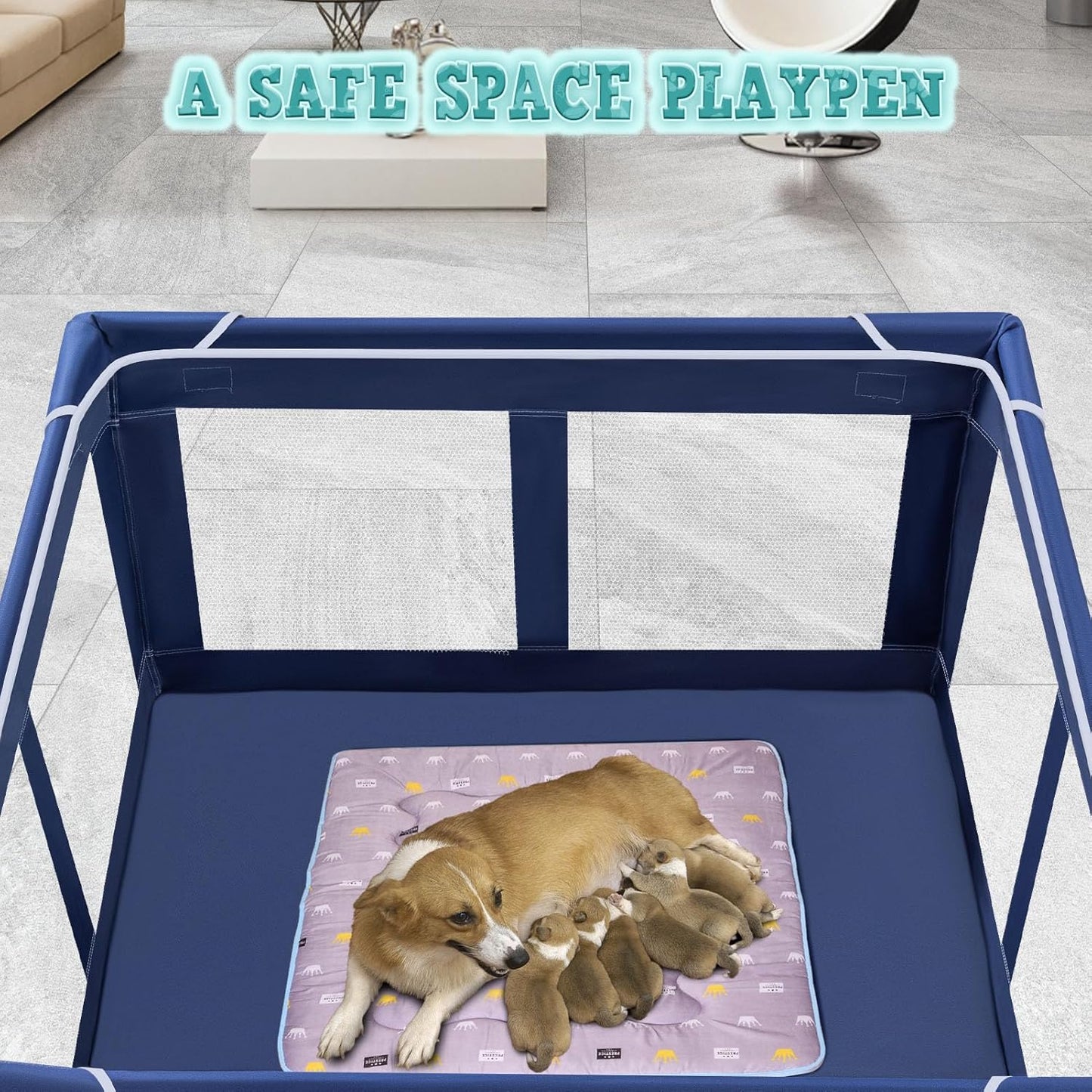 Puppy Playpen with Gate for Dog/Puppies/Small Dogs, Sturdy Safety Pet Playpen/Fence for Indoor & Outdoor with Thickened Fabric, High-Strength Nylon Wire Mesh Without Cover, Blue, 42"x42"x25.6"