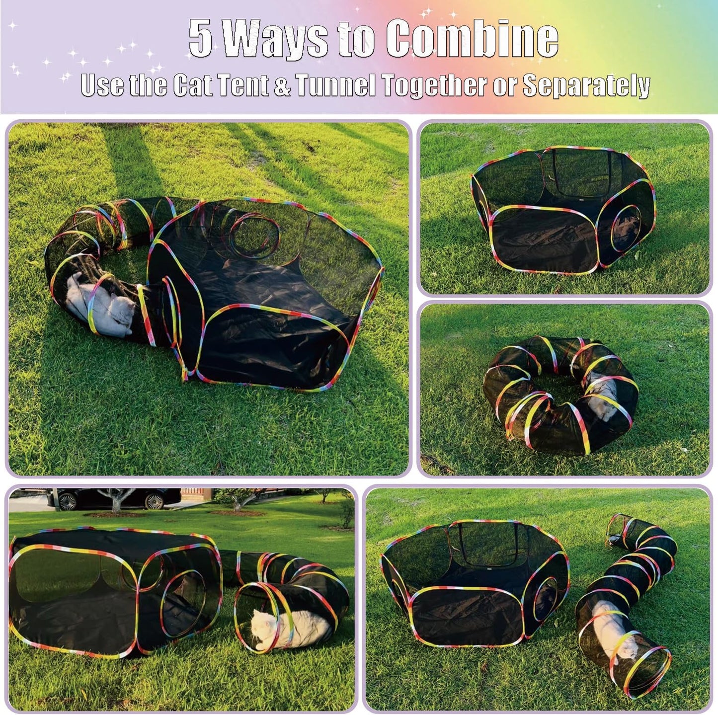 Catio Outdoor Cat Enclosure, Portable Cat Tunnel Playground with Rainbow Tent, Circle Cat Playpen Tunnel for Kitty and Small Family Pet Indoor & Outside Play