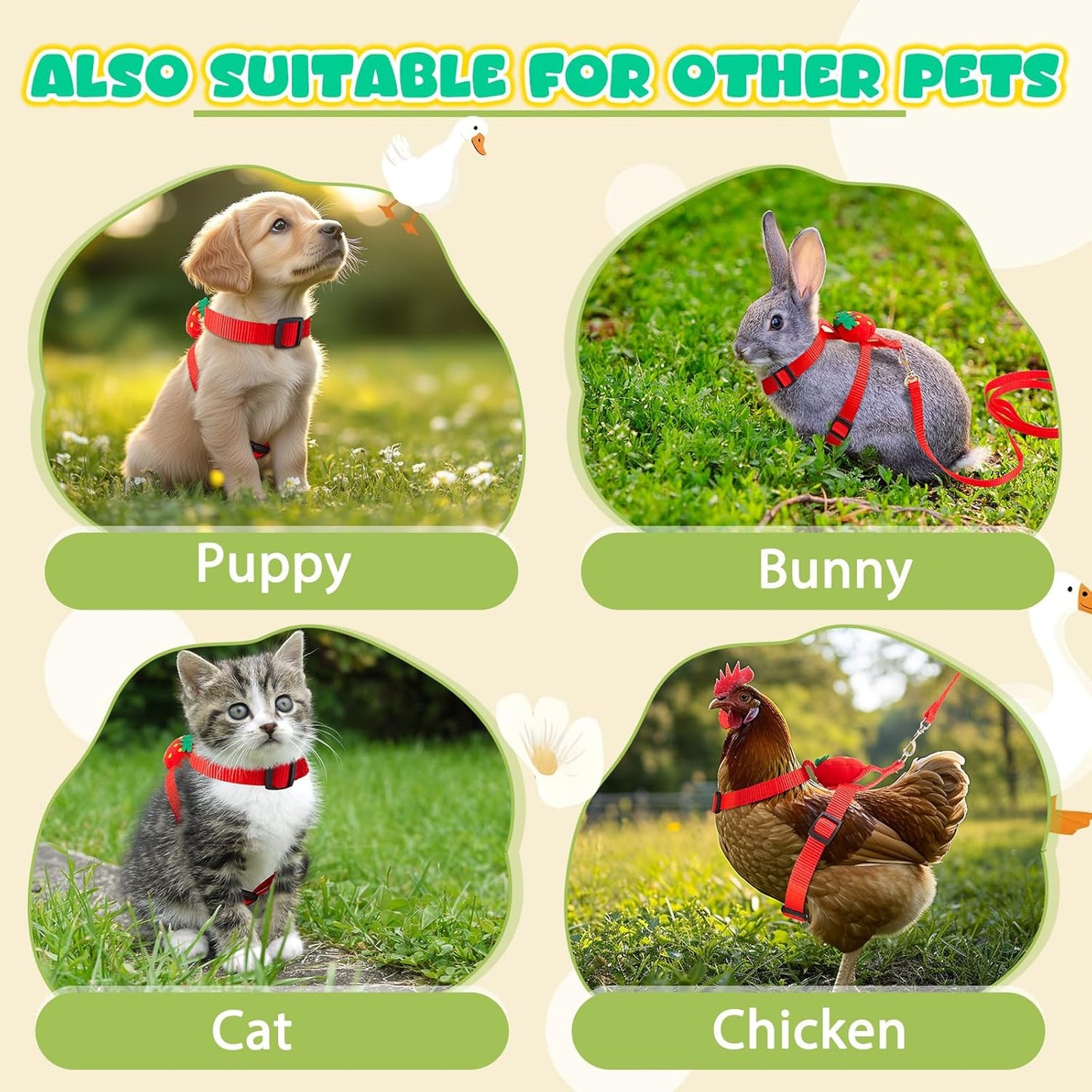Duck Harness Leash Set Duck Harness and Leash for Real Ducks Adjustable Walking Rope Pet Cute Pattern Outdoor Traction Rope for Chicken Rabbit Small Animals(M,Strawberry)