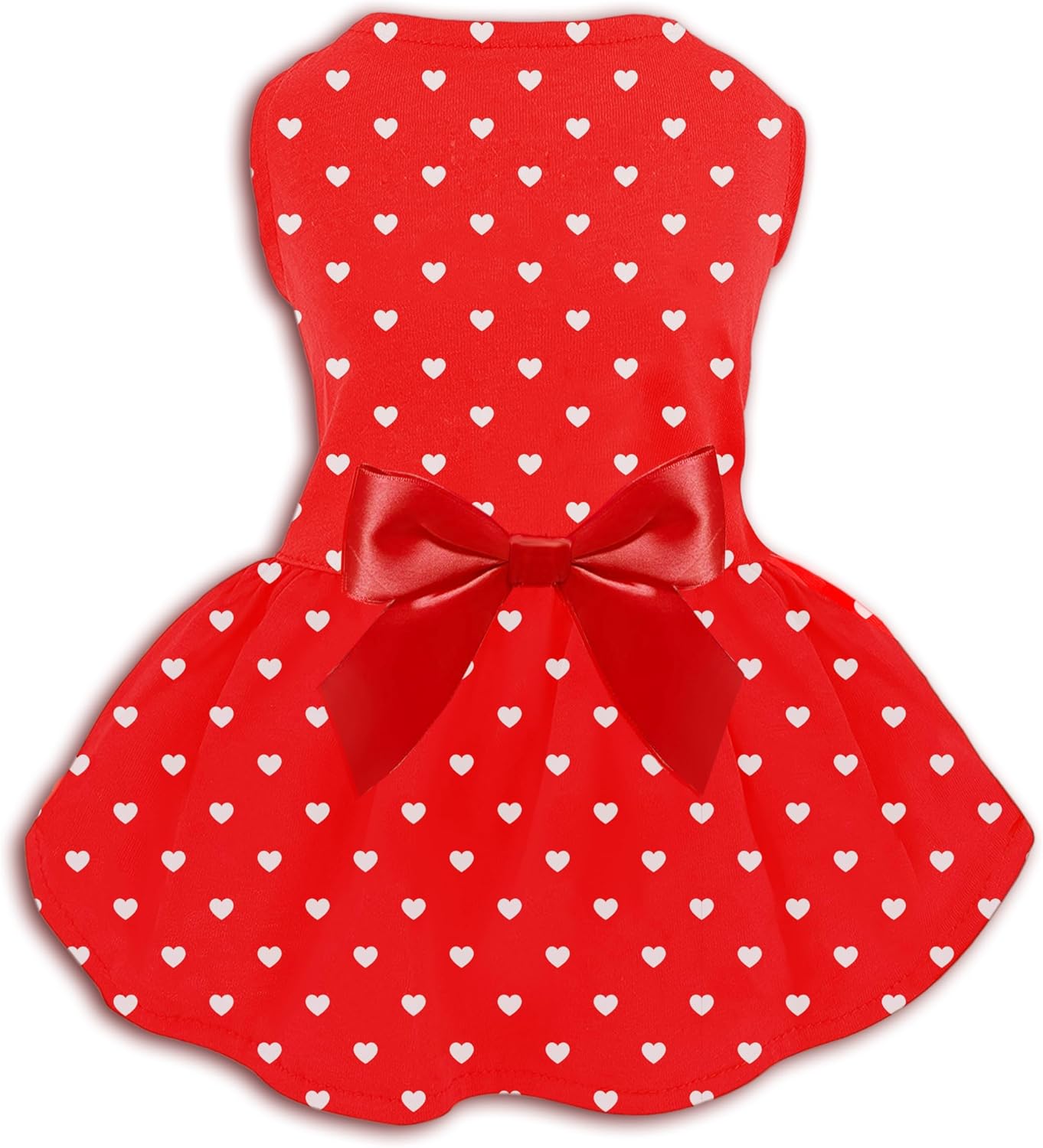 Valentine's Day Red Dog Dress, Cute White Heart Print & Satin Bow for Small Puppies, Pet Costume Party Outfit