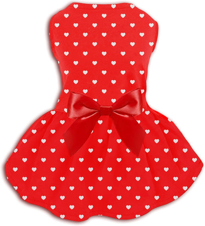 Valentine's Day Red Dog Dress, Cute White Heart Print & Satin Bow for Small Puppies, Pet Costume Party Outfit