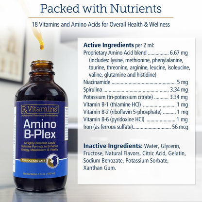 Rx Vitamins Amino B Plex Cat & Dog Supplement - Vitamin B Complex Liquid Plus Amino Acids for Dogs & Cats - Appetite Booster and Weight Gainer Cat & Dog Vitamins - 4 oz