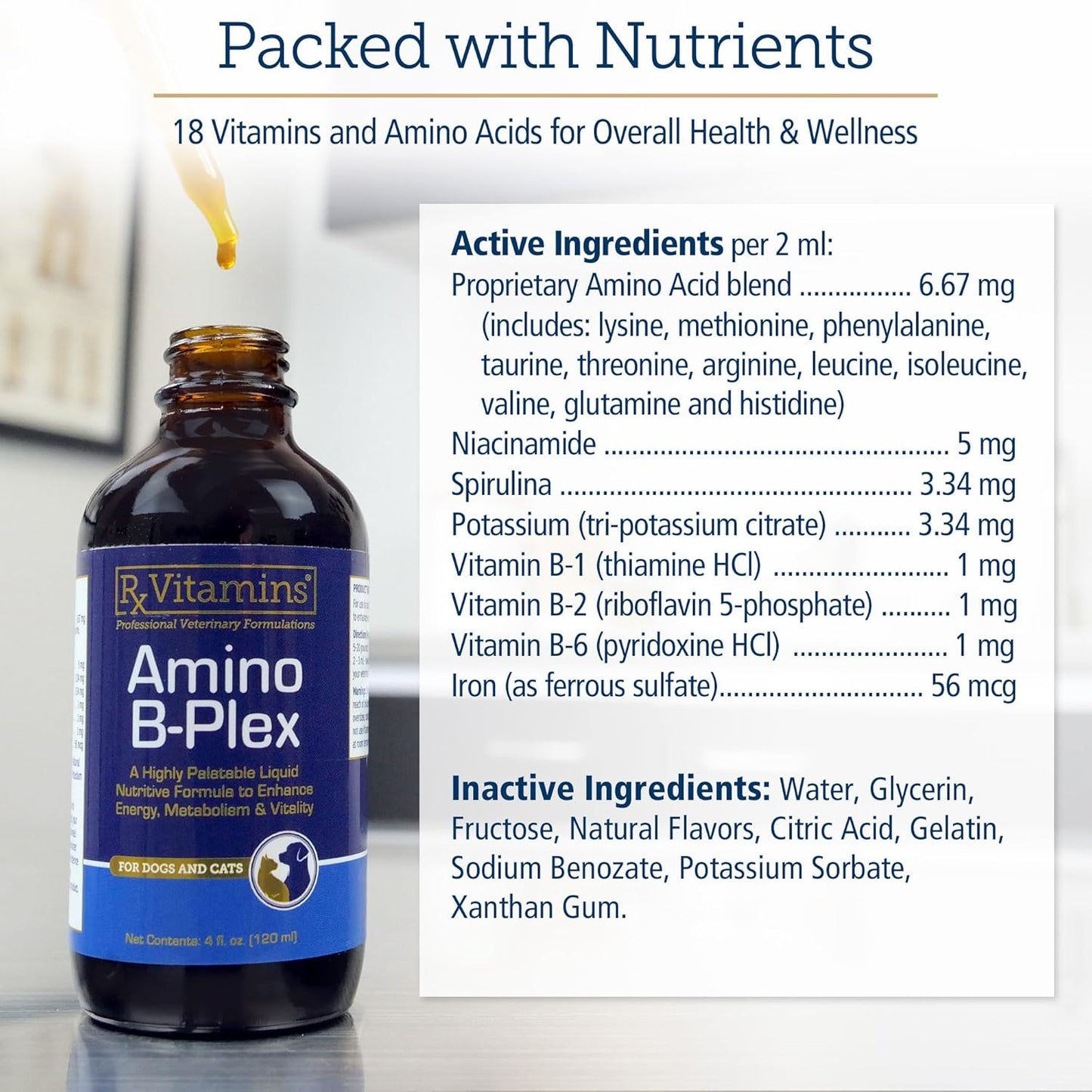 Rx Vitamins Amino B Plex Cat & Dog Supplement - Vitamin B Complex Liquid Plus Amino Acids for Dogs & Cats - Appetite Booster and Weight Gainer Cat & Dog Vitamins - 4 oz