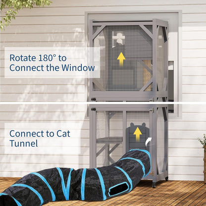 Outdoor Catio Enclosure on Wheel, 68" Large Catio Outdoor Cat Enclosure with Weatherproof Asphalt Roof & Sliding Doors, Wooden Cat Condo Cage Shelter Playpen with Napping House & 4 Jumping Platforms