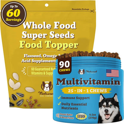 Natural Dog Company Multivitamin Chews & Super Seeds Food Topper Bundle – Daily Dog Supplement for Skin, Coat, Immunity & Nutrition – Peanut Butter Chews (90 ct) + Omega Superfood Topper (8 oz)