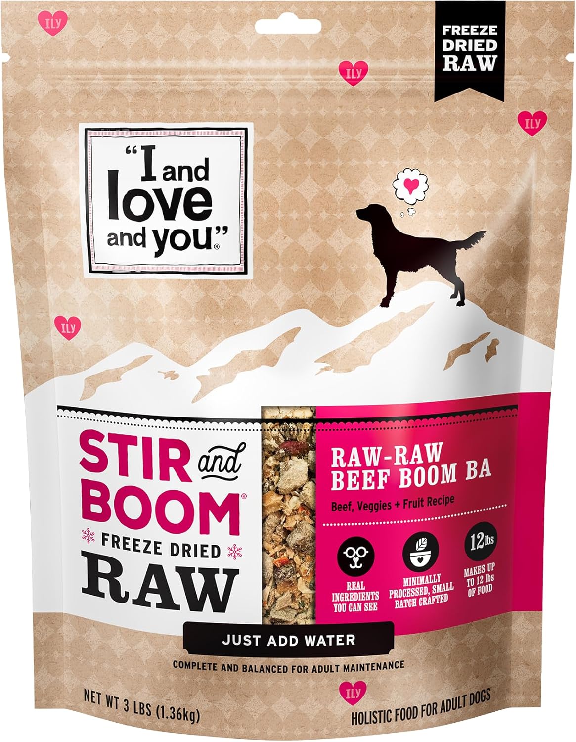 I and Love and You Stir and Boom Dehydrated Freeze Dried Raw Dog Food - Beef - Grain Free, Real Meat, No Fillers, 3lb Bag