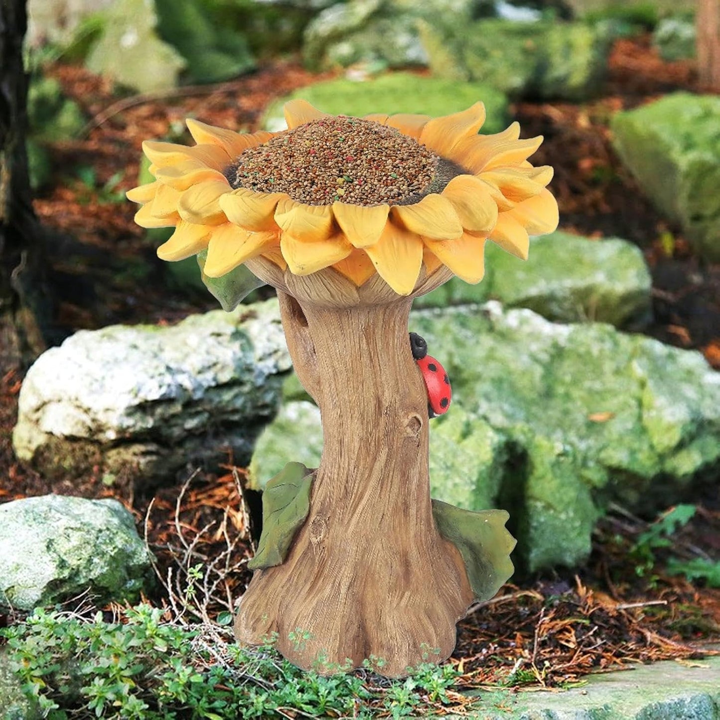 Sunflower Polyresin Bird Bath, Sunflower Resin Bird Bath | Outdoor Sunflower Resin Bird Bath with Ladybird Detail,Wild Bird Feeder