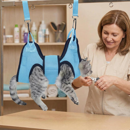 Hands-Free Pet Grooming Sling for Cats & Small Dogs – Breathable Mesh Hammock for Nail Care, Grooming & Calm Handling (Blue,S)