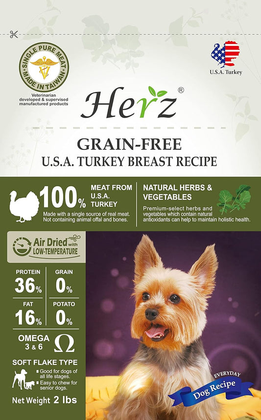 Herz Air-Dried Dog Food – U.S.A Turkey Breast Recipe 2 lb, Single Pure-Meat, Grain Free, All Natural, High Protein, Limited Ingredients