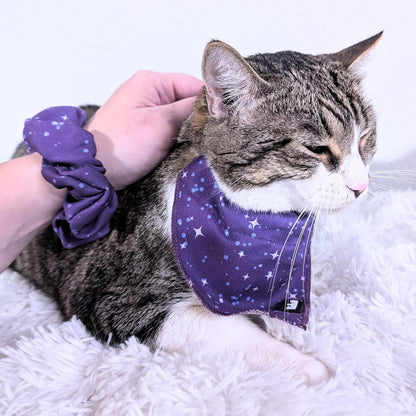 Breakaway Cat Collar with Removable Bandana – Purple Galaxy Stars – Adjustable 7.5–11" Safety Collar + Matching Scrunchie for Pet Parent – KioKatt Pawsome Pair