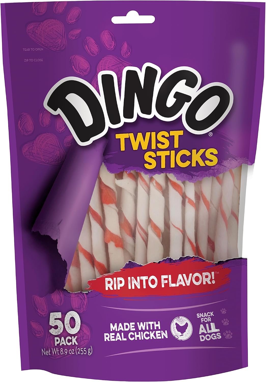 Dingo Twist Sticks 50 Count, Rawhide For Dogs, Made With Real Chicken, 50 Count (Pack of 1)
