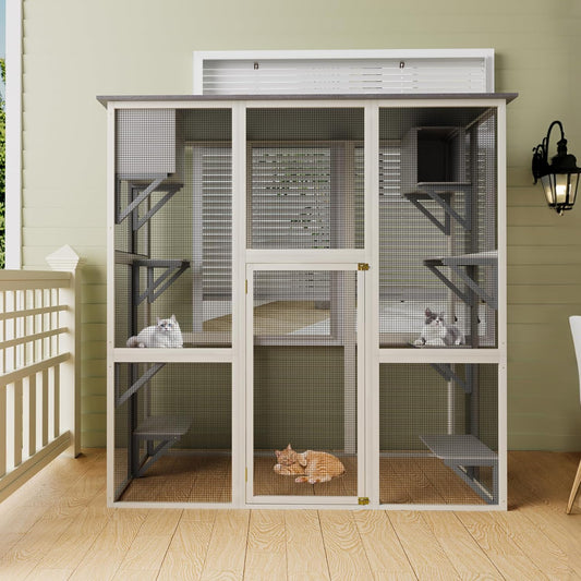 Wooden Catio Outdoor Cat Enclosure,71" H Outdoor Cat House W/ 8 Jumping Platforms & 2 Napping Houses,Walk-in Cat Patio Enclosure W/ 2 Safety Latches Doors & Weatherproof Asphalt Roof,Gray