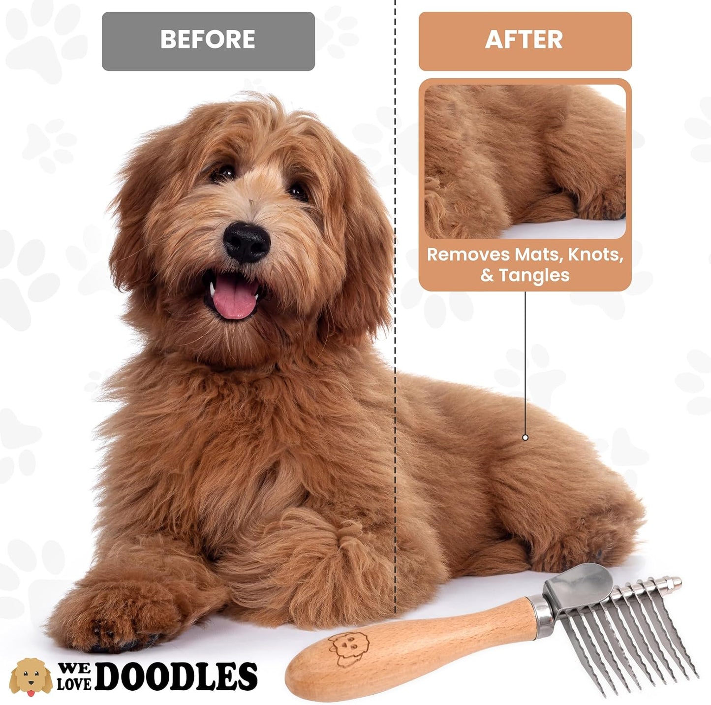 We Love Doodles Dog Dematting Brush & Rake, Detangler Brush for Dogs, Comb Tool for Grooming, Best for Doodles, Poodles, Goldendoodles, Cats & Other Pets, Matted Fur Removal On Undercoat