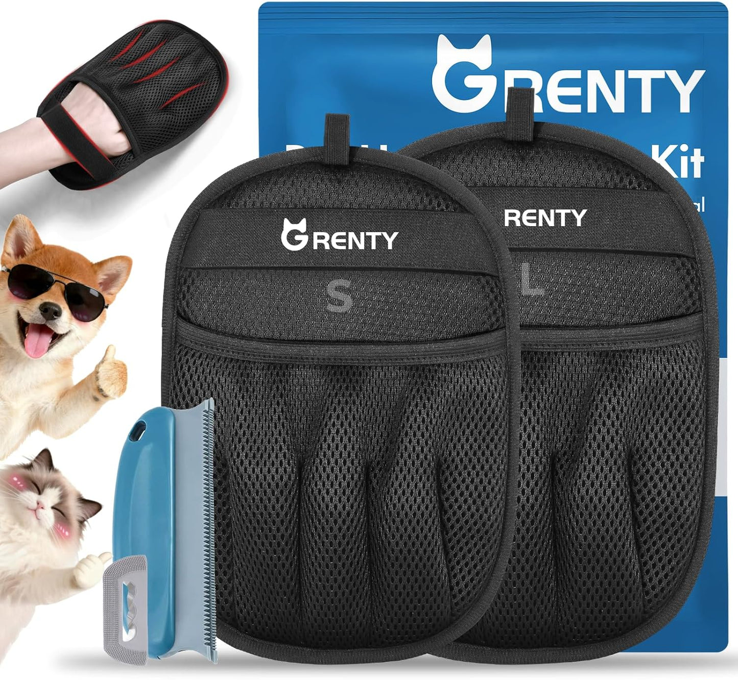 GRENTY Pet Hair Removal Glove for Dogs & Cats (2 PCS), Upgraded Five-Finger Electrostatic Magic Brush Pet Hair Remover, Pet Hair Removal Tools for Clothing, Carpet, Sofa Gaps, Car Seat