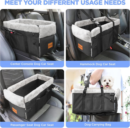 Center Console Dog Car Seat for Small Dogs,Washable Foldable Console Booster Seat for Puppy Car Seat with Safe Protection Hooks Adjustable Straps and Storage Pocket Pet Up to15lbs