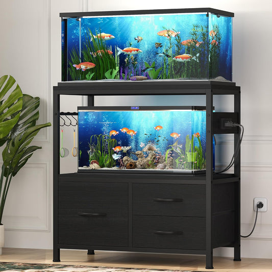Heybly 20-29 Gallon Fish Tank Stand, Aquarium Stand with Drawer, Power Outlet, Heavy Duty Metal Frame, for Fish Tank, Turtle & Reptile Terrarium, 31.5" x 15.7" Top, 330lbs, Black HAS001BK