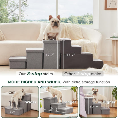 Love's cabin Dog Stairs for High Bed 18"H,Foldable Pet Stairs for Small Medium or Large Dogs Puppy with Storage for Bed or Couch, Cat Dog Steps Ramp with Zip up to 200 lbs(Solid Grey,3 Steps no Condo)