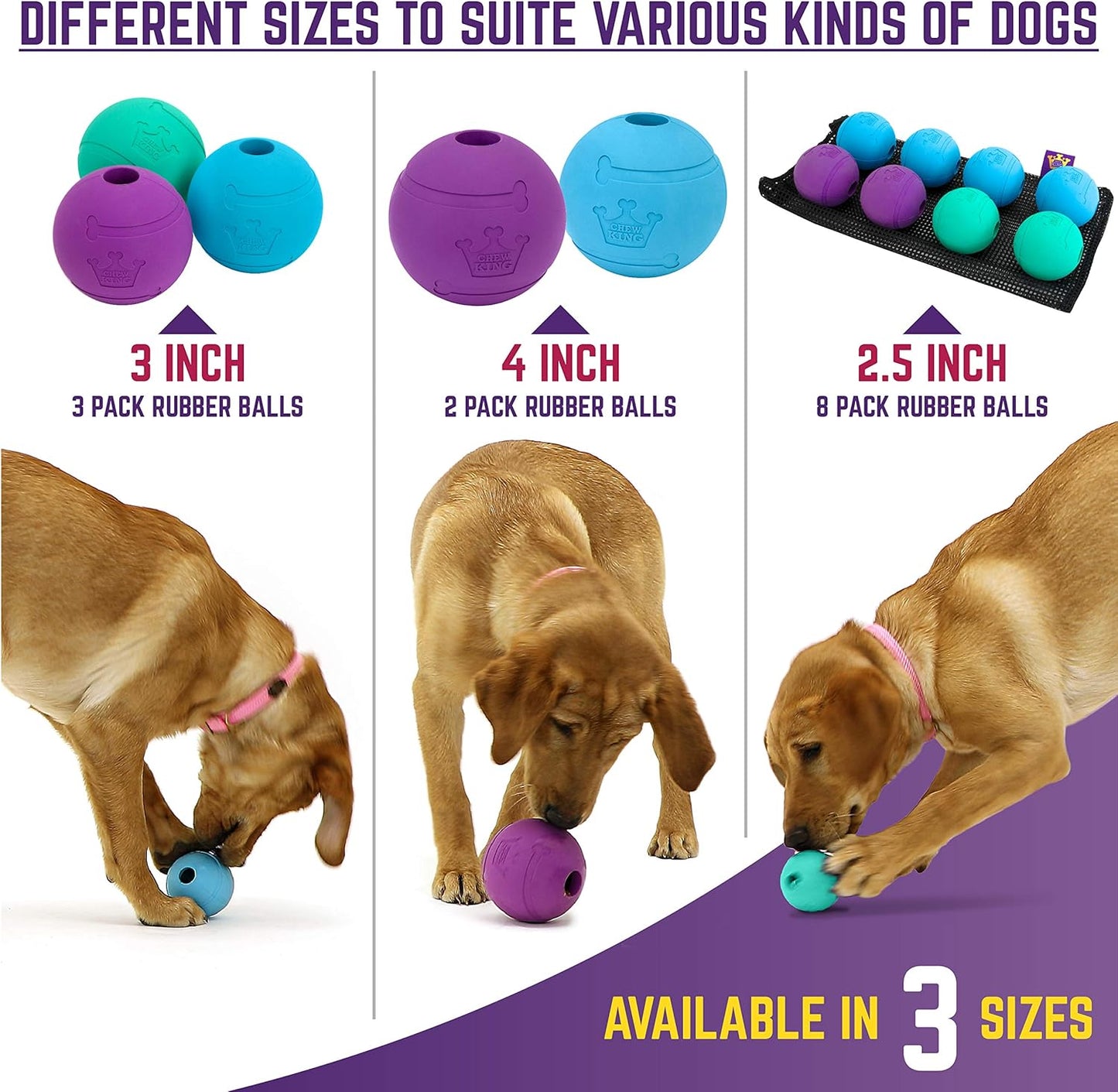 Chew King Fetch Balls Extremely Durable Natural Rubber Toy Pack of 3 - 3 inch Balls (CM-0263-CS01)