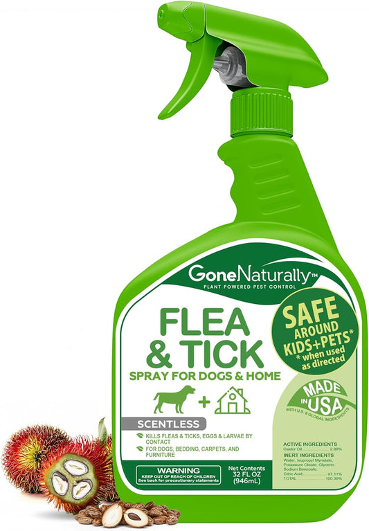 Flea and Tick Spray for Dogs & Home– Natural Flea and Tick Prevention for Dogs– Bed Bug Spray & Multi-Insect Killer– Scentless Plant-Based Formula Kills on Contact (32 oz)