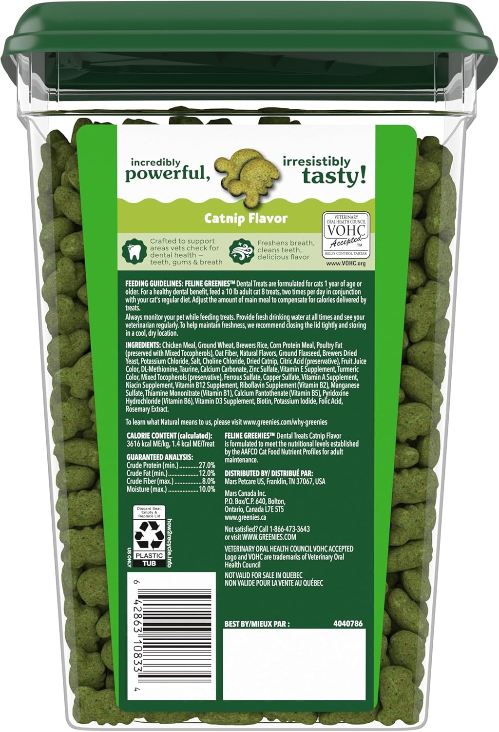 Greenies Feline Veterinarian-Recommended Adult Natural Dental Cat Treats, Catnip Flavor, 21 oz. Tub