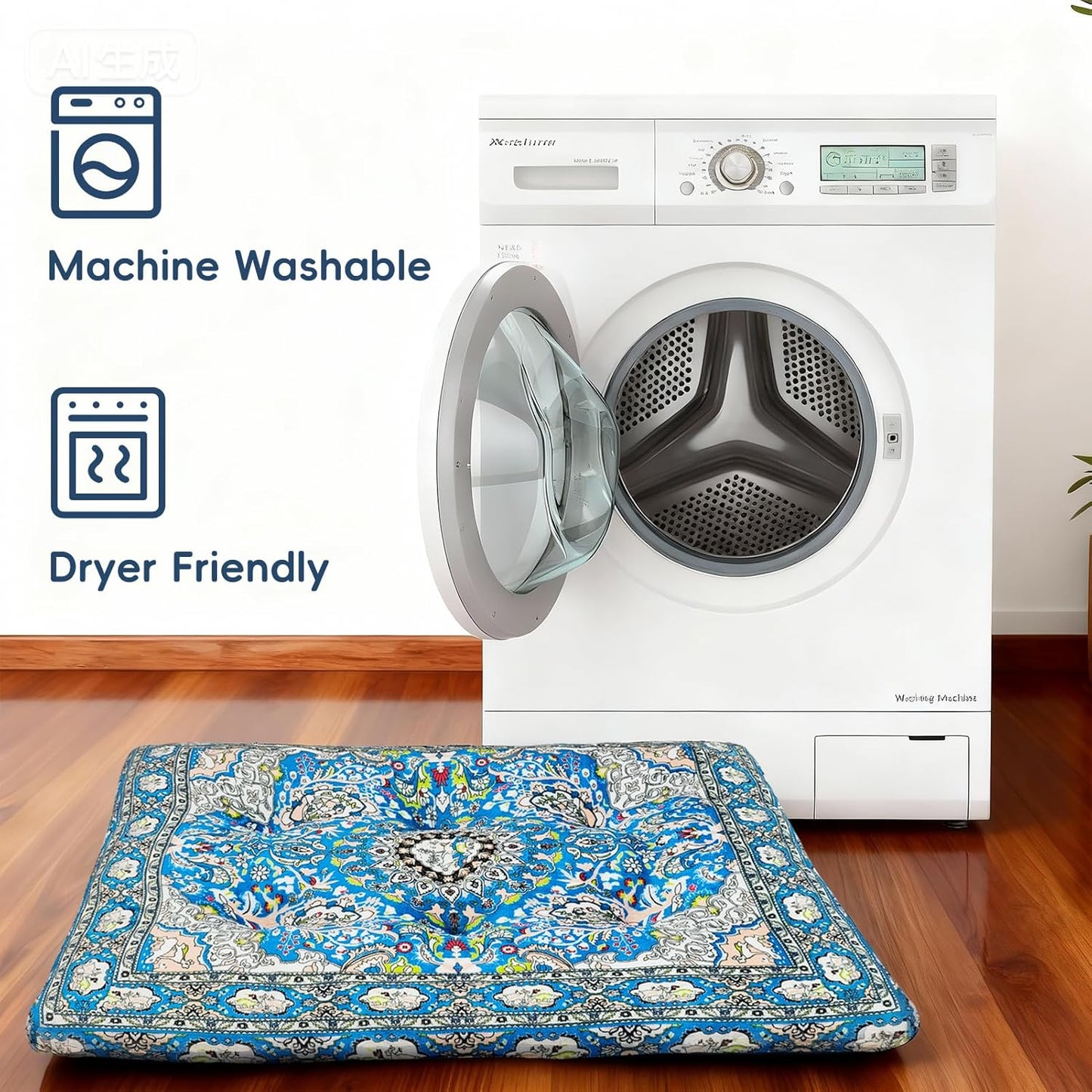 Washable Dog Crate Bed, Ultra Soft & Anti-Slip Crate Pad, Cozy Kennel Mat for Large/Medium/Small Dogs, Thick & Bohemian Dog Bed Mat (Blue, 30.0" L x 19.0" W x 2.3" H)