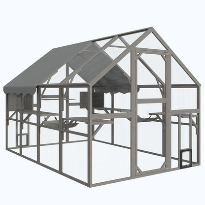 Extra Large Catio – Walk-in Outdoor Cat Enclosure for Multiple Cats, 110" Multi-Level Wood Cat Patio Playpen with Weatherproof Roof, Bridges, Condos and Door Access