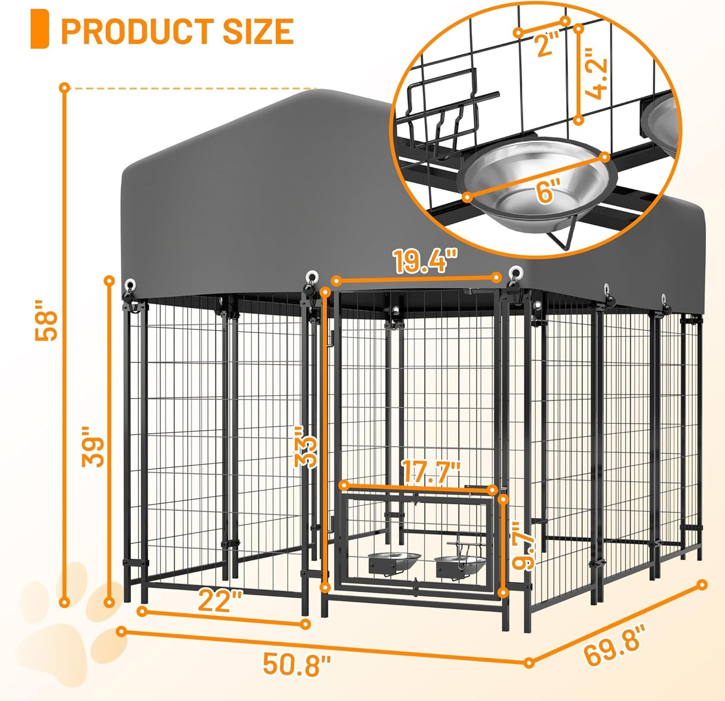 Dog Crate Furniture, Dogs Cage House Kennel - 4.23'x5.82'x4.83' Welded Wire Enclosure, Heavy Duty Dog Crate with UV-Resistant Waterproof Cover, Double Lock & Rotating Feeder,1.8x1.3x1.5mGrey-Met