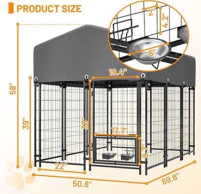 Dog Crate Furniture, Dogs Cage House Kennel - 4.23'x5.82'x4.83' Welded Wire Enclosure, Heavy Duty Dog Crate with UV-Resistant Waterproof Cover, Double Lock & Rotating Feeder,1.8x1.3x1.5mGrey-Met