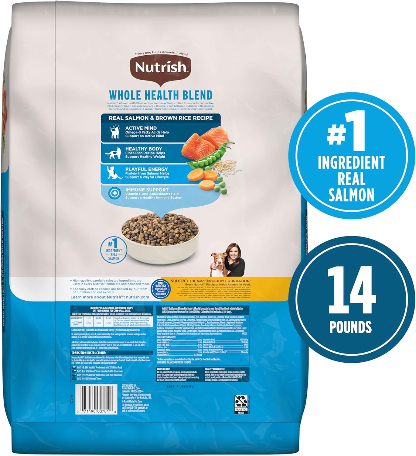 Nutrish Real Salmon & Brown Rice Recipe Dry Cat Food, 14 lb. Bag, Packaging May Vary (Rachael Ray)