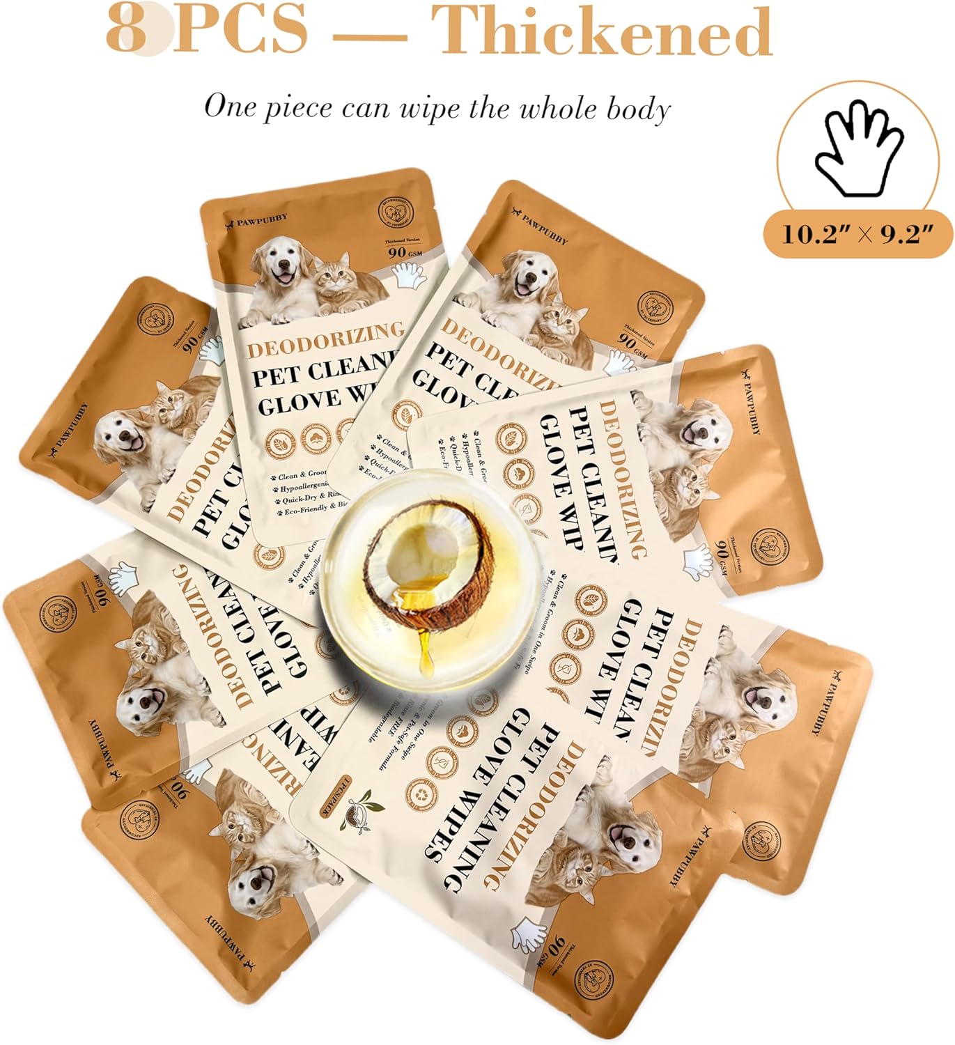 Pet Cleaning Glove Wipes - Coconut Oil & Chamomile Infused, Tame Fur & Banish Odors for Dogs/Cats/Small Furry Pets, Mild Rinse-Free Natural Wipes (8PCS)