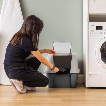 IRIS USA Cat Litter Box, Large Litter Box Enclosure with Front Door Flap and Scoop, Covered Kitty Litter Box with Handle and Buckles for Portability and Privacy, Gray