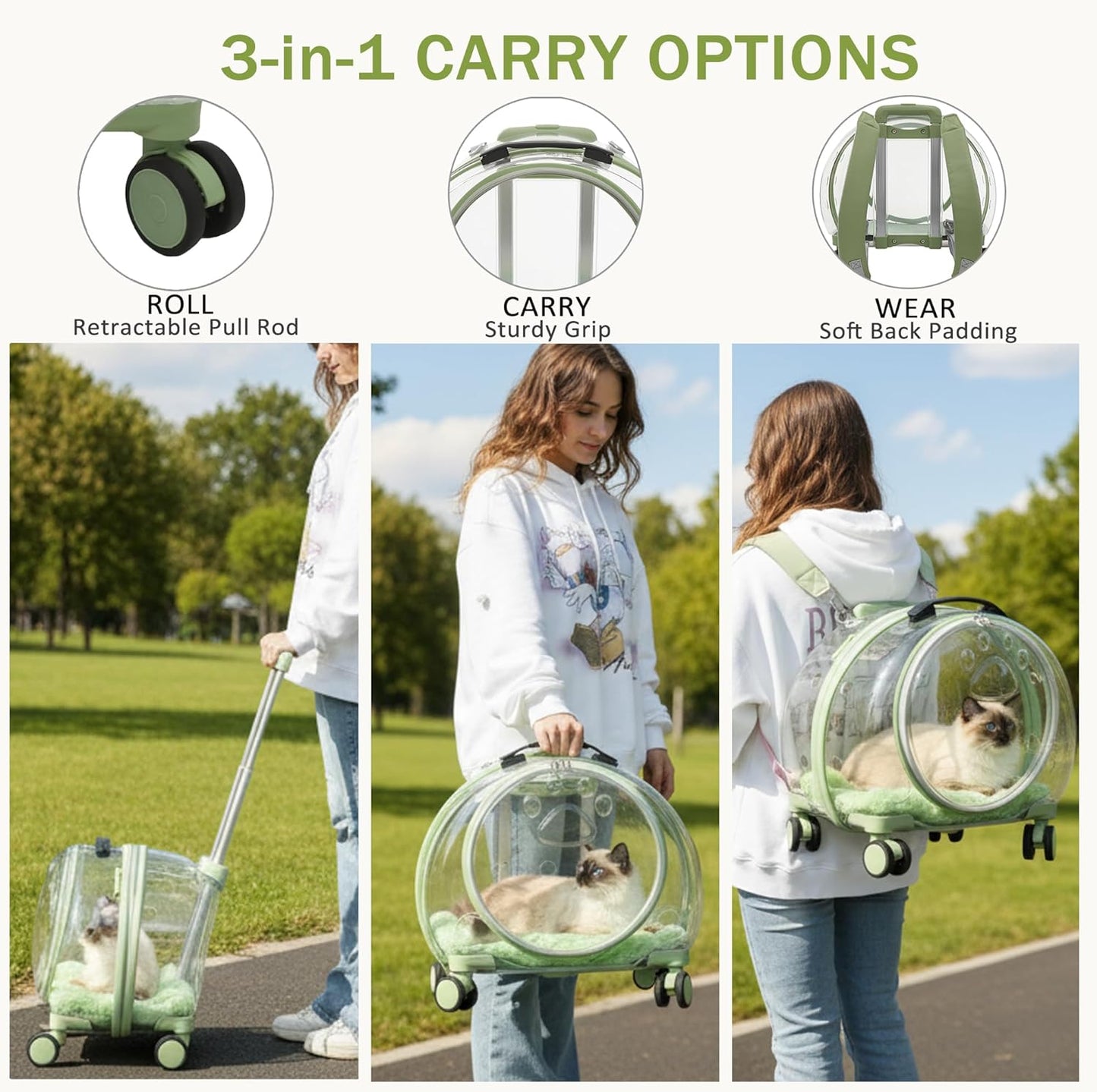 Transparent Hard Cat Carrier with Rolling Wheels, Fully Breathable & Multiple Carrying Options for Dogs, Cats & Bunny – Travel & Walk Friendly (Green)