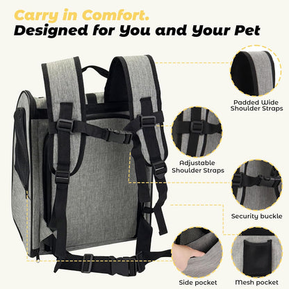 Zavothy Expandable Pet Backpack Carrier for Small Cats & Dogs, Airline Approved Travel Bag with Mesh Windows, Expandable Space, Padded Bottom, Foldable Design (Black/Grey)