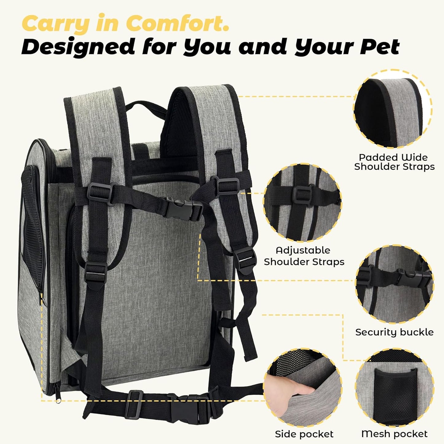 Zavothy Expandable Pet Backpack Carrier for Small Cats & Dogs, Airline Approved Travel Bag with Mesh Windows, Expandable Space, Padded Bottom, Foldable Design (Black/Grey)