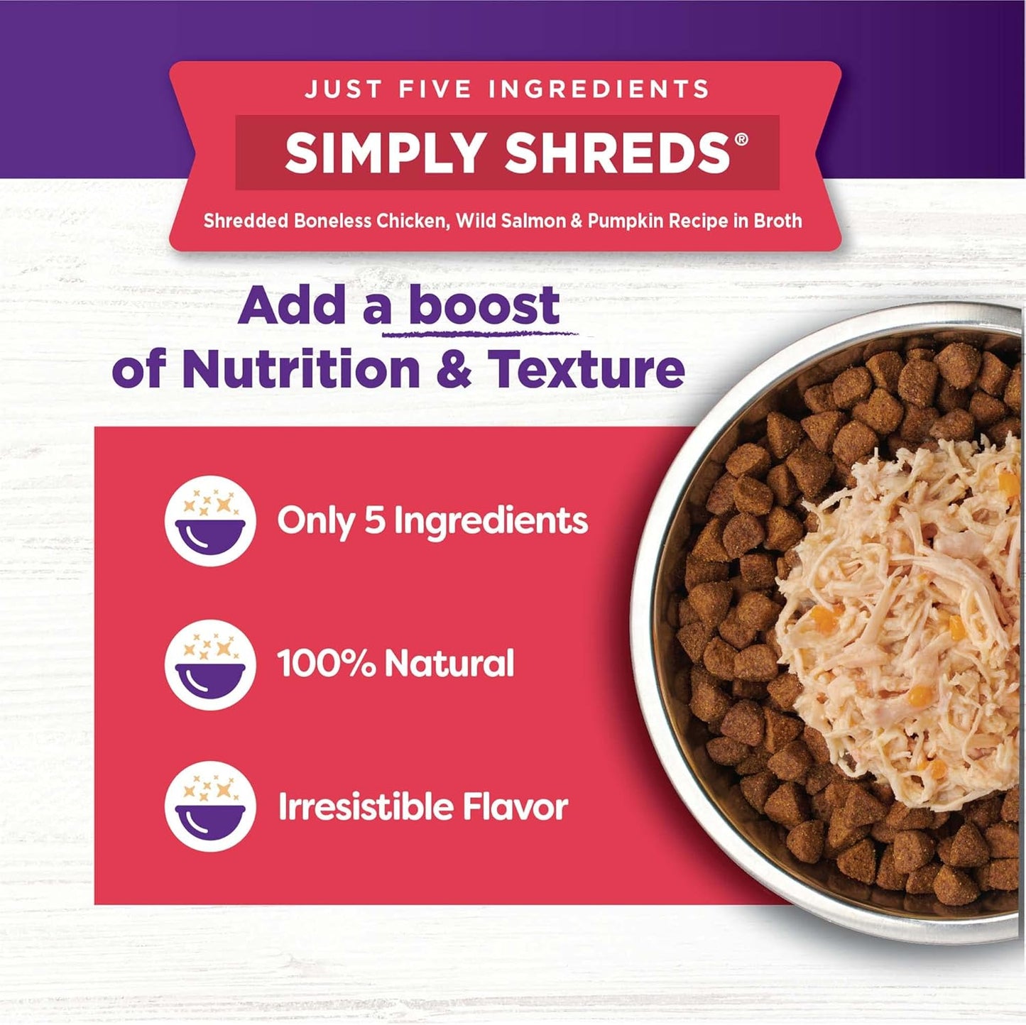 Wellness Bowl Boosters Simply Shreds Wet Dog Food Topper for Small, Medium, & Large Breeds, Grain Free, Natural, Chicken Variety Pack, 2.8 Ounce Pouch (Pack of 12)