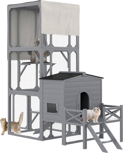 77.25" Large Cat Catio 4 Tiers Cat Enclosure for Outdoor, Cat House with Weatherproof Roof, Platforms,Resting Rooms and Doors for Multiple Cats, Gray