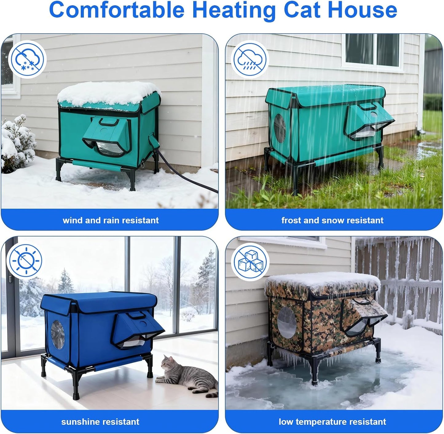 Elevated Heated Outdoor Cat House - 100% Weatherproof Insulated Outdoor Cat Shelter with Safe Escape Door & Removable Heating Pad, Warm Heated Cat House for Outside Stray/Feral/Barn Cat