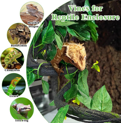 VCEPJH Medium Reptile Vines Thick Terrarium Plants 70 Inches Long Flexible Climbing Branch with Leaves Snake Tank Accessories Greenery Habitat Decor for Bearded Dragon Chameleon Gecko Lizard (Black)