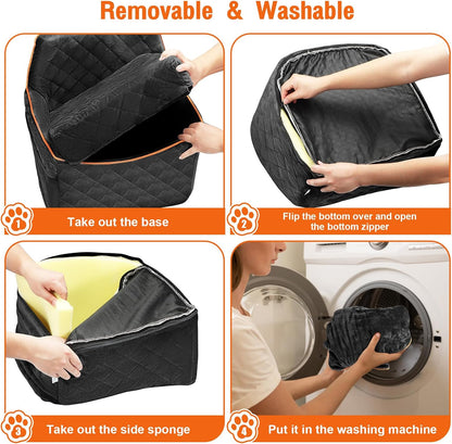 Dog Car Seat for Small Medium Dogs, Dog Carseats with Removable Thick Cushion, Detachable Washable Dog Booster Seat with Storage Pockets & Safety Belt, Soft Safety Pets Car Travel Carrier Bed, Black