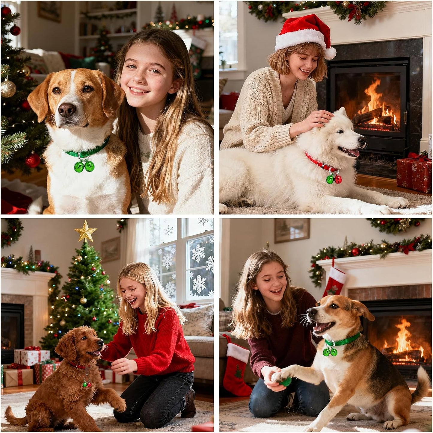 Loud Dog Collar Bells, Durable Pet Red And Green Bells Tracker for Large Dogs, 4 Christmas Copper Bells and 2 Leather Button Strap for Outdoor Safety, Pet Tracking, Hiking, Walking (Red Green)