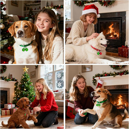 Loud Dog Collar Bells, Durable Pet Red And Green Bells Tracker for Large Dogs, 4 Christmas Copper Bells and 2 Leather Button Strap for Outdoor Safety, Pet Tracking, Hiking, Walking (Red Green)