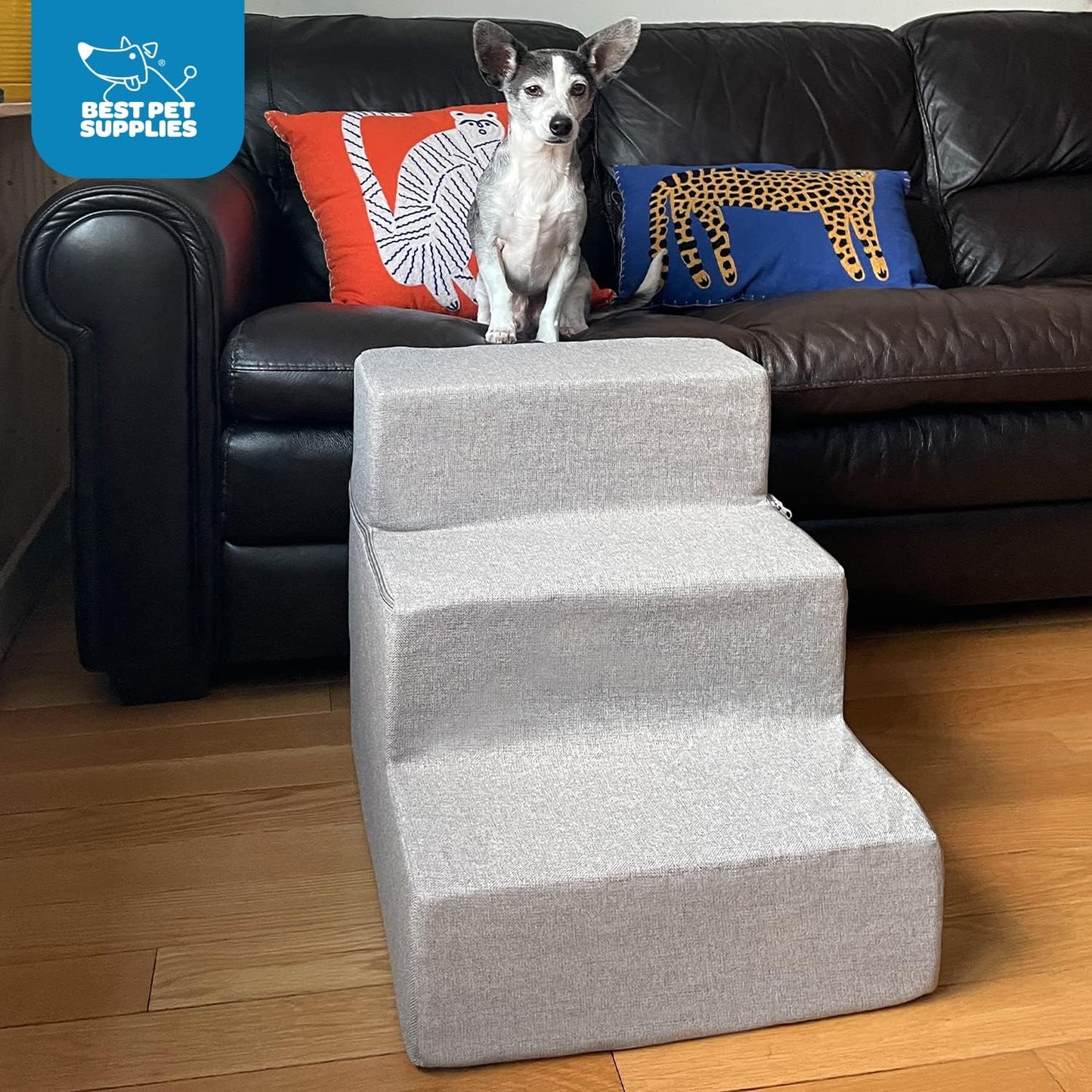 Best Pet Supplies Foldable Foam Pet Steps, Portable Ramp Stairs for Couch, Sofa, and High Bed Climbing, Non-Slip Balanced Indoor Step Support, Paw Safe - Gray Linen, 3-Step (STF241E-S)