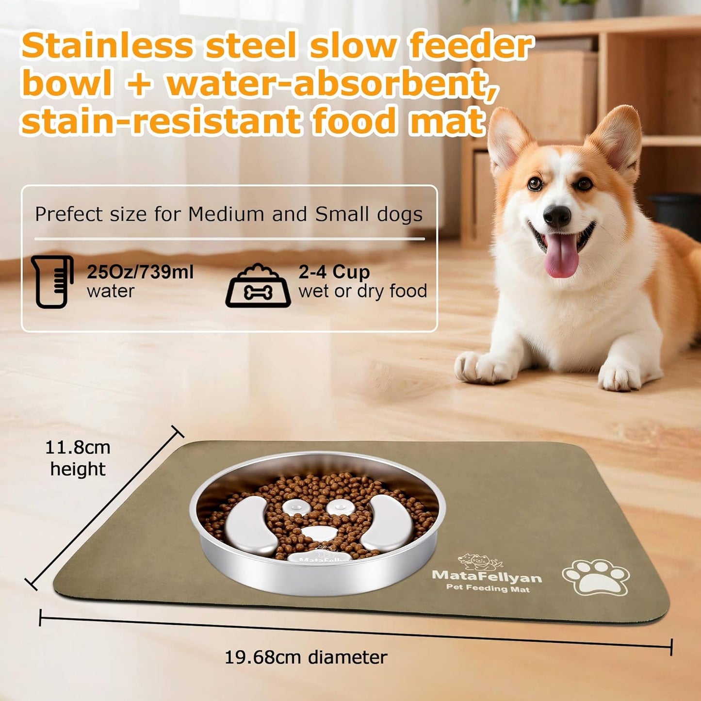 Slow Feeder Dog Bowl with Waterproof & Non-Slip Ultra Absorbent Food Mat(19.68''×11.8''), Non-Slip&Dual-Layer Stainless Steel 2 Cups Capacity Dog Bowl Fast Eaters & Slows Down Pets Essentials Gift