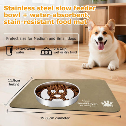 Slow Feeder Dog Bowl with Waterproof & Non-Slip Ultra Absorbent Food Mat(19.68''×11.8''), Non-Slip&Dual-Layer Stainless Steel 2 Cups Capacity Dog Bowl Fast Eaters & Slows Down Pets Essentials Gift